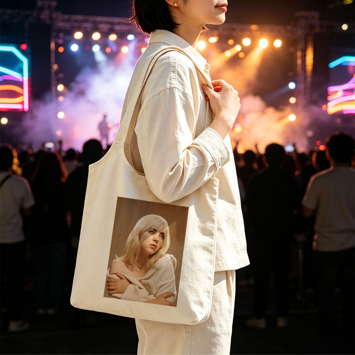 Billie Eilish in a Soft Portrait Wearing a White Off-Shoulder Sweater with Blonde Hair and Blue Eyes - Canvas shoulder bags/