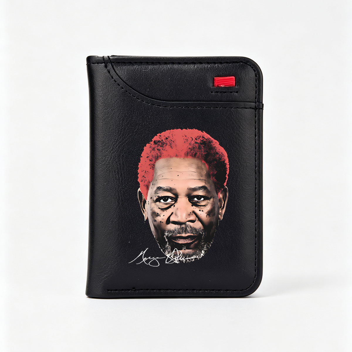 Morgan Freeman Portrait with Red Hair and Signature - Vertical Style Wallet