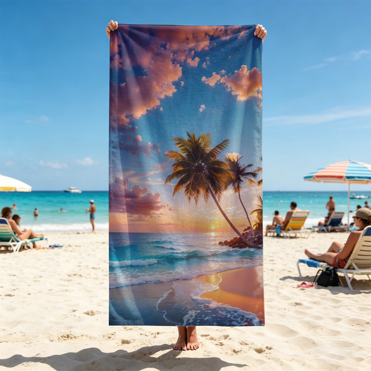 Tropical sunset with palm trees and waves on a sandy beach - Beach towels