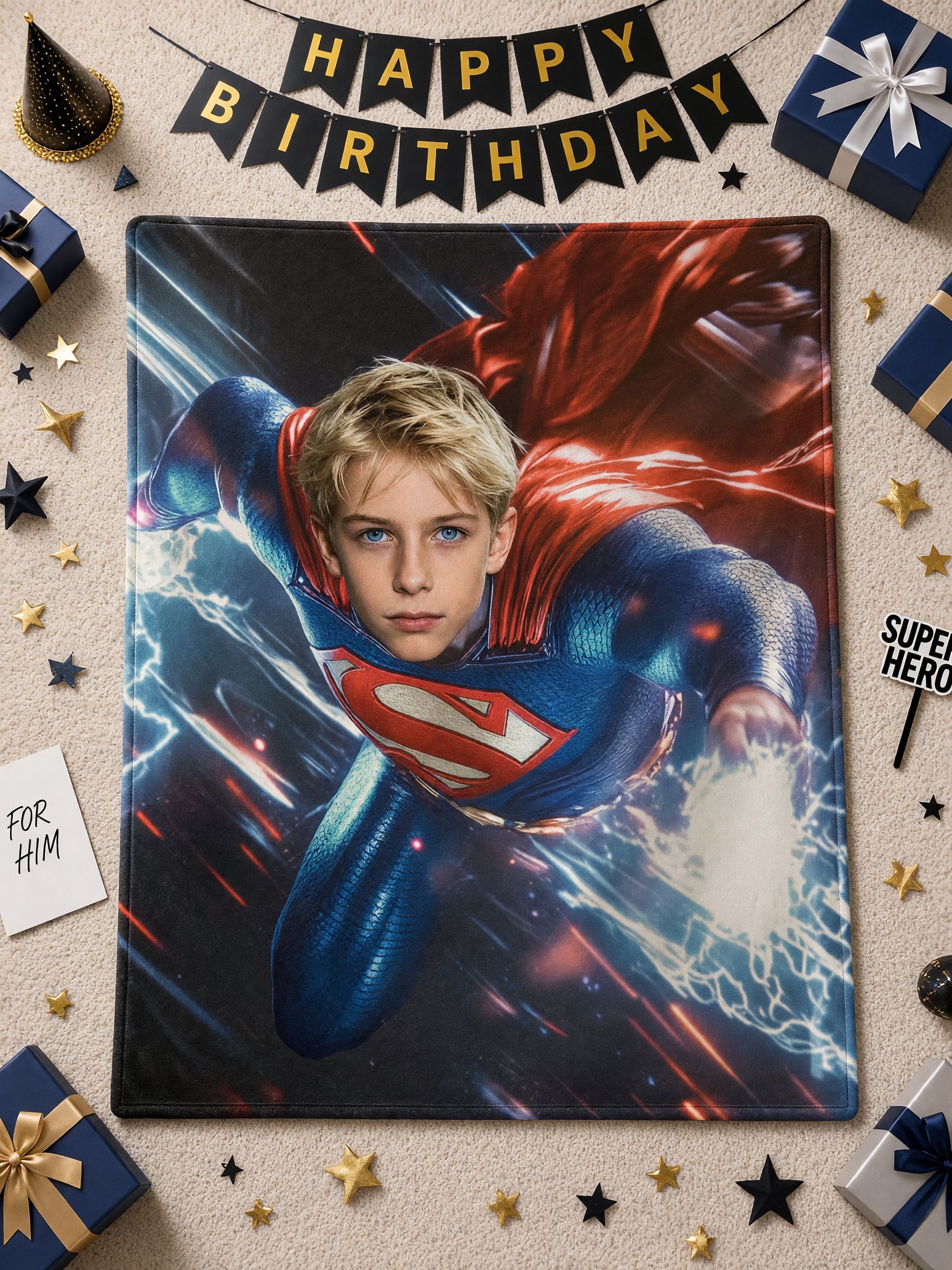 Personalized Superhero Face Photo Blanket, Ultra Soft Flannel Throw for Kids, Ideal Custom Gift