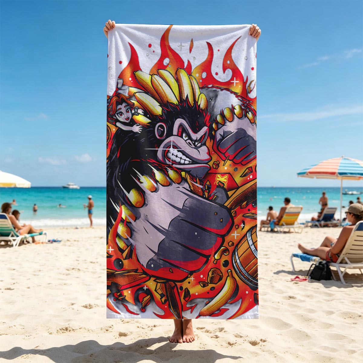 Donkey Kong and Diddy Kong in Fiery Action with Bananas and Barrels - Beach towels