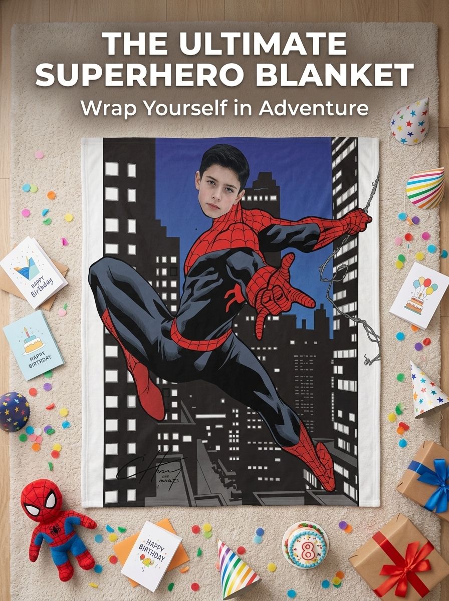 Personalized Superhero Custom Photo Flannel Throw Blanket Soft Comic Face Art Cozy Fleece Bed Sofa Blanket Unique Gift