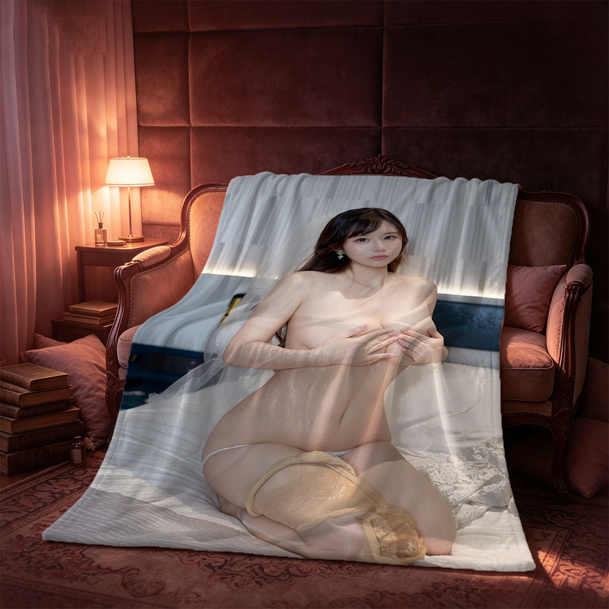 Japanese Model in Pink Top and White Lingerie with Teddy Bear - Blanket