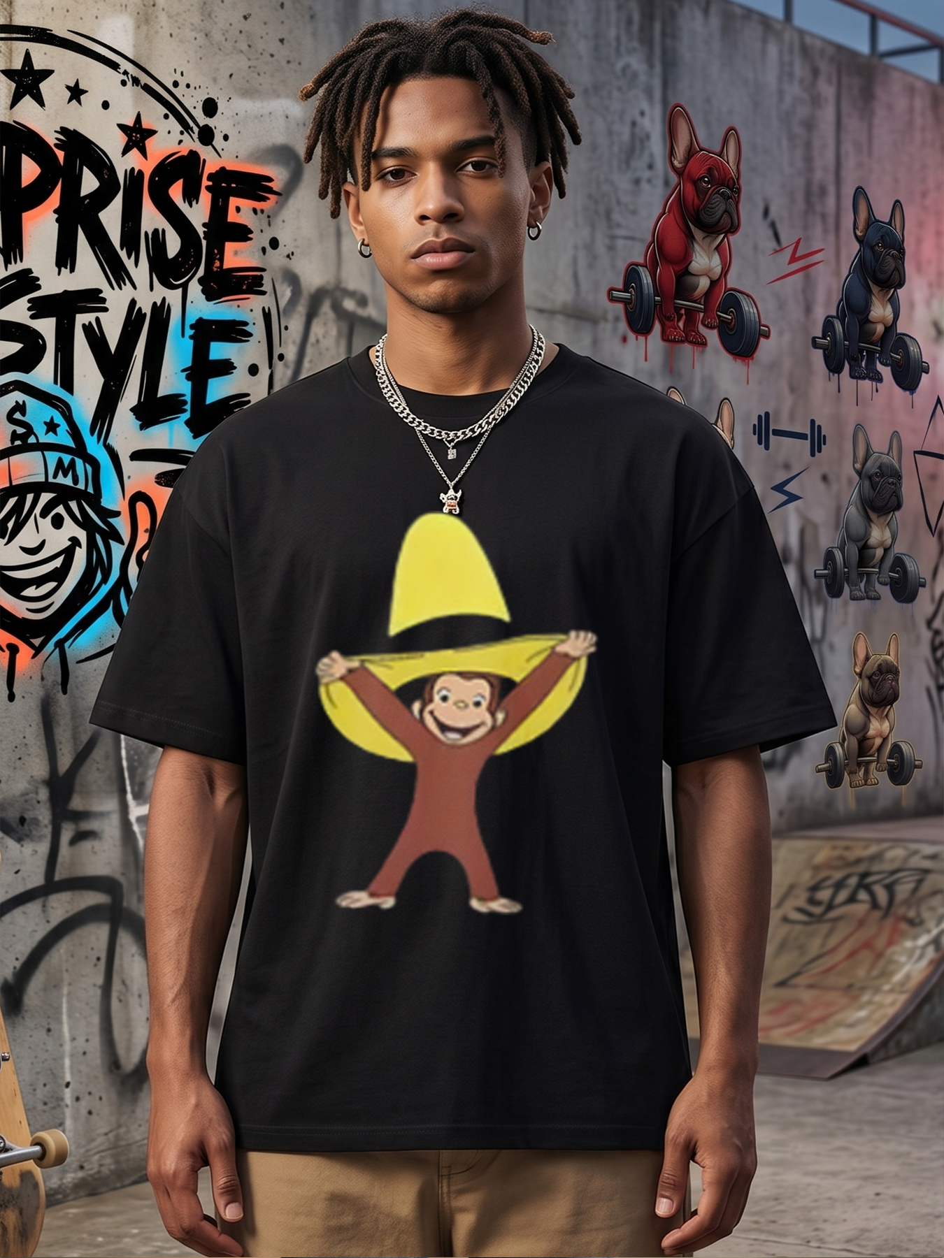 Men's Printed T-Shirt Featuring Monkey Wearing Yellow Hat Graphic + Casual Round Neck Summer Lightweight Breathable Short Sleeve Tee for Outdoor Activities, Travel, and Everyday Wear - Ideal for Young Adults and Trendy Men