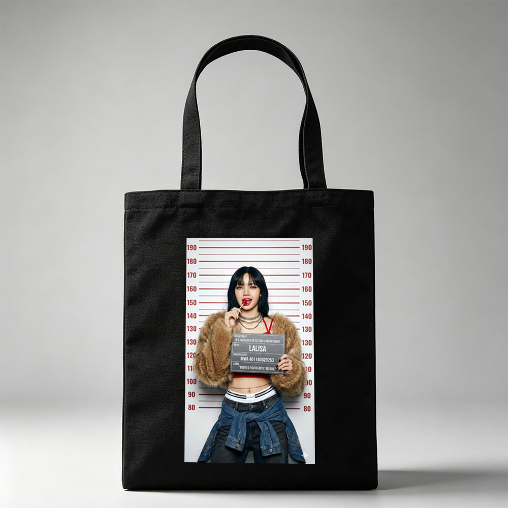 Lalisa Mugshot Scene - Black Hair, Red Lipstick, Fur Coat, and Denim Jacket in Front of Height Chart - Canvas tote bags