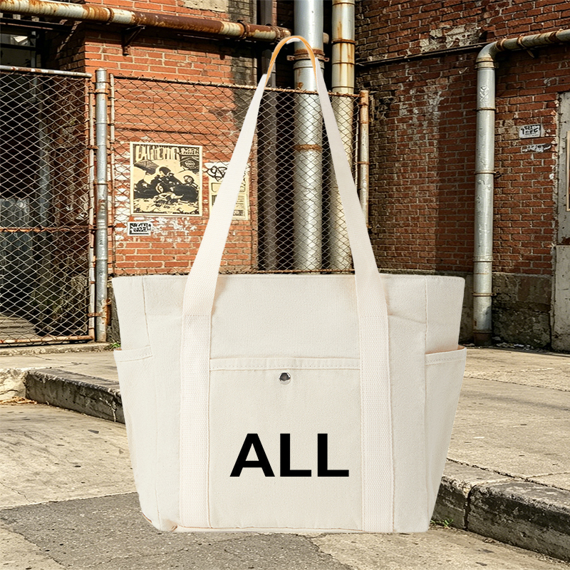 Multi Pocket Bag Cream White with Minimalist Geometric Print and 
