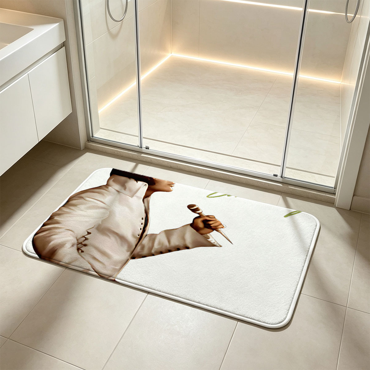Elvis Presley in White Suit Holding Microphone, Signature Included - Flannel floor mat