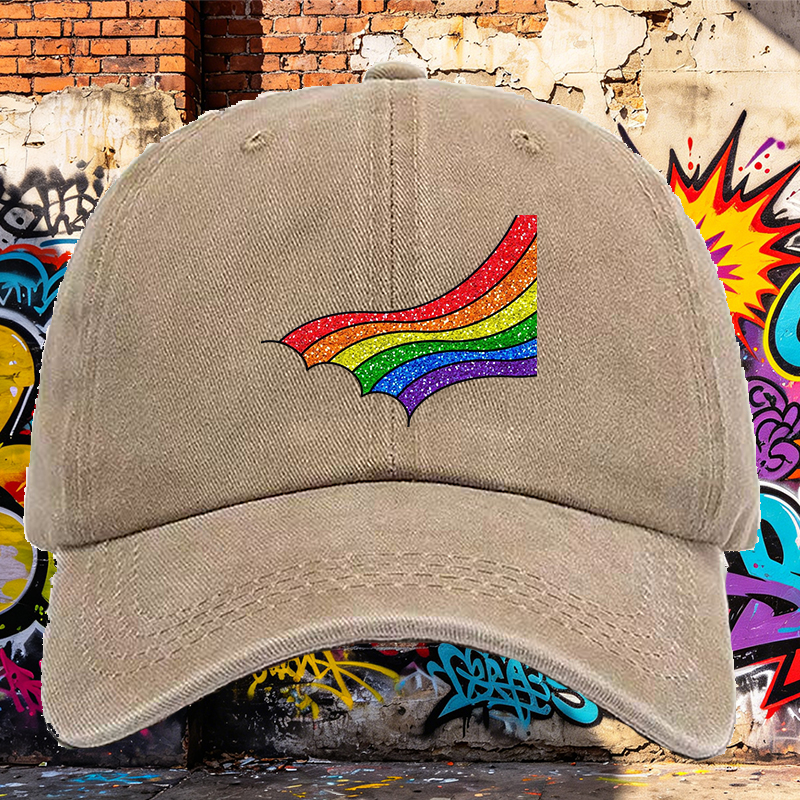 Men's Rainbow Glitter Print Washed Cap Casual Round Brim Summer Lightweight Hat for Outdoor Activities and Streetwear Fashion Adults