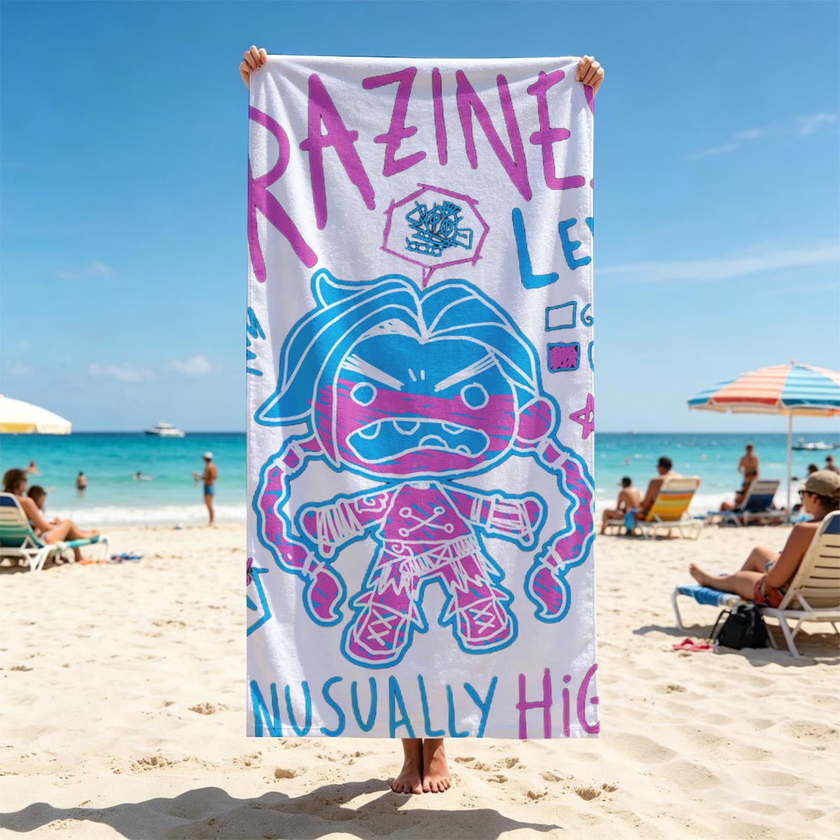 Craziness Level: Unusually High - Animated Character with Blue Hair and Pink Stripes - Beach towels