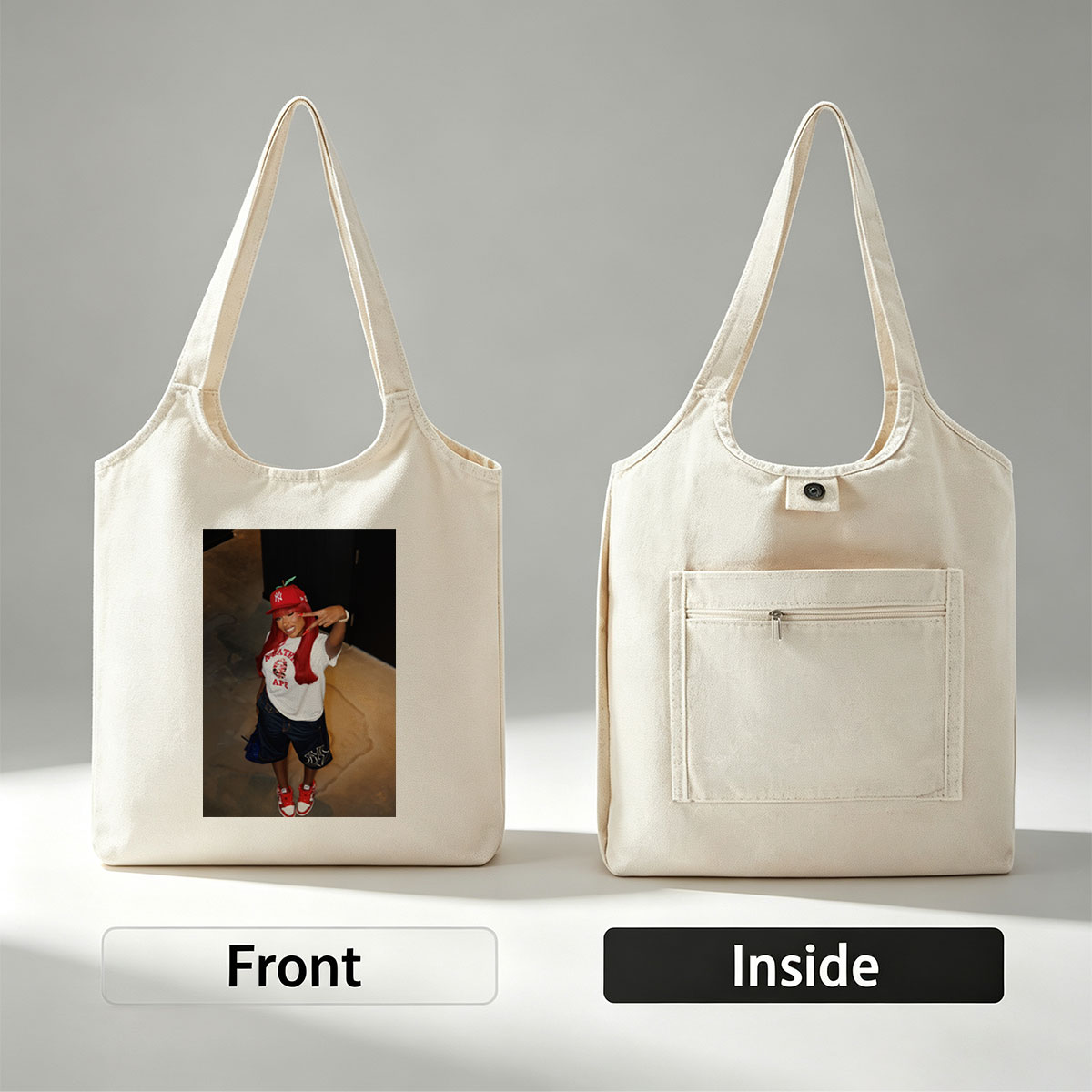 Nicki Minaj in a Red Apple Hat and A Bathing Ape Shirt, Striking a Pose with a Peace Sign - Canvas shoulder bags/