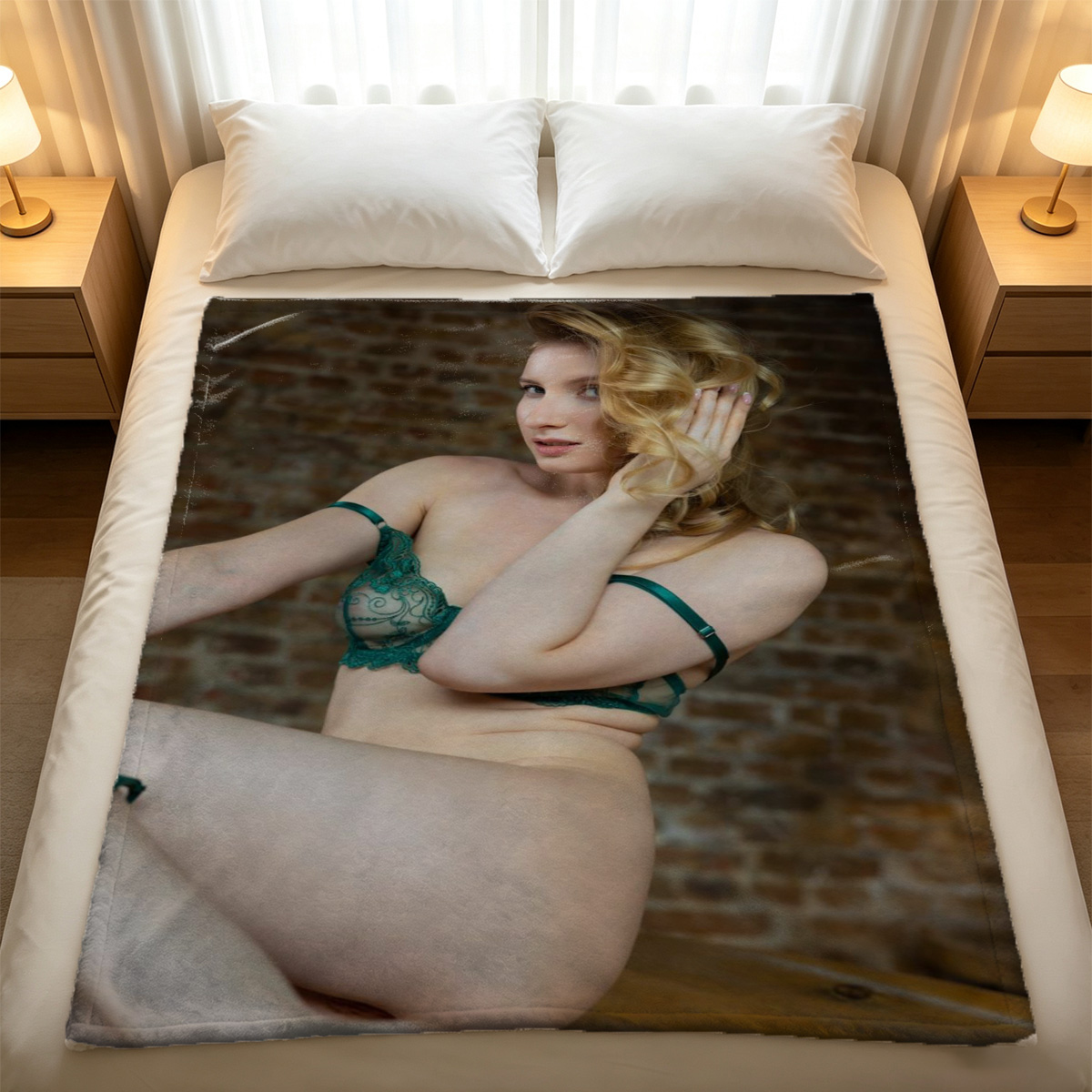 A woman in white lingerie and black stockings lies seductively on a bed with one leg raised. - Blanket
