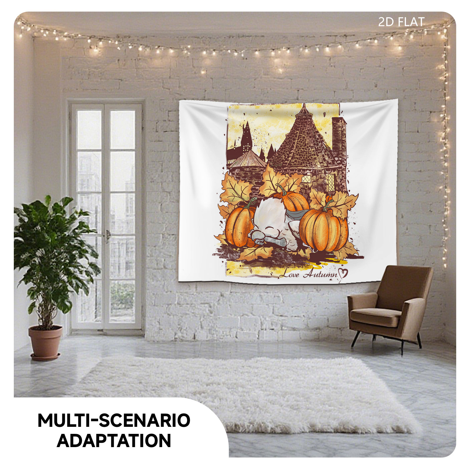 Cute Owl Sleeping Among Pumpkins and Autumn Leaves with Castle Background - Love Autumn - Tapestry
