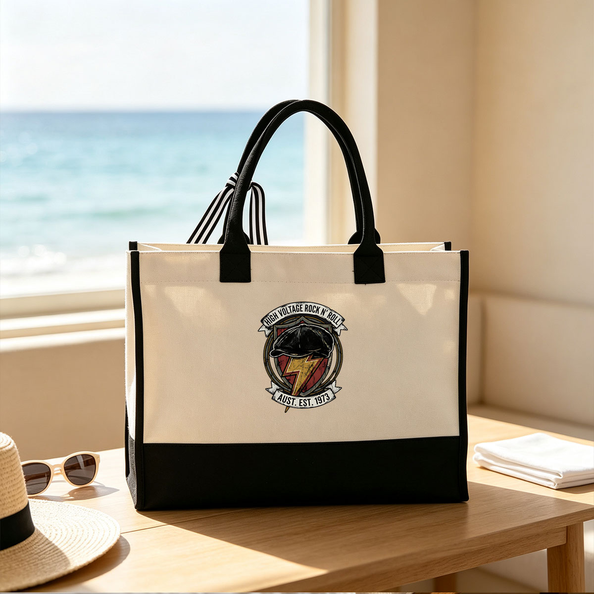 High Voltage Rock N' Roll - Aust. Est. 1973 - Canvas patchwork gift tote bag