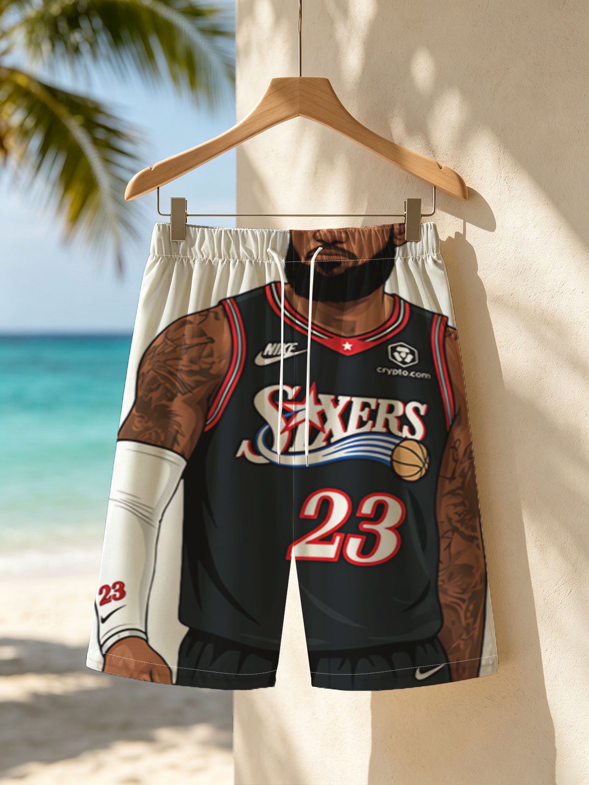 LeBron James in Philadelphia 76ers Jersey, #23, Nike Uniform, Crypto.com Sponsorship -  Beach shorts