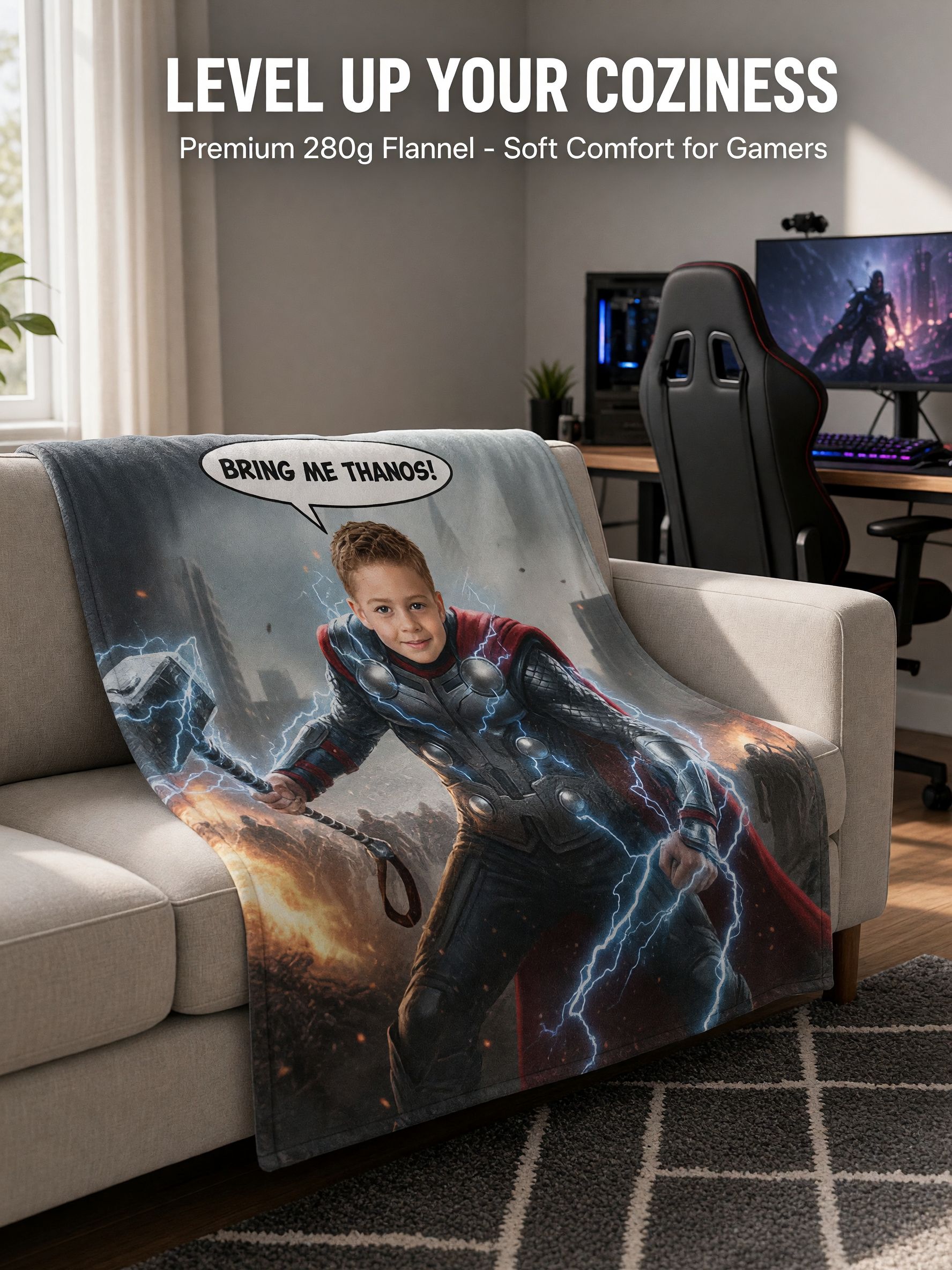 Custom Photo Superhero Flannel Blanket, Personalized Face Throw, Skin-Friendly Cozy Fleece Gift for Couch