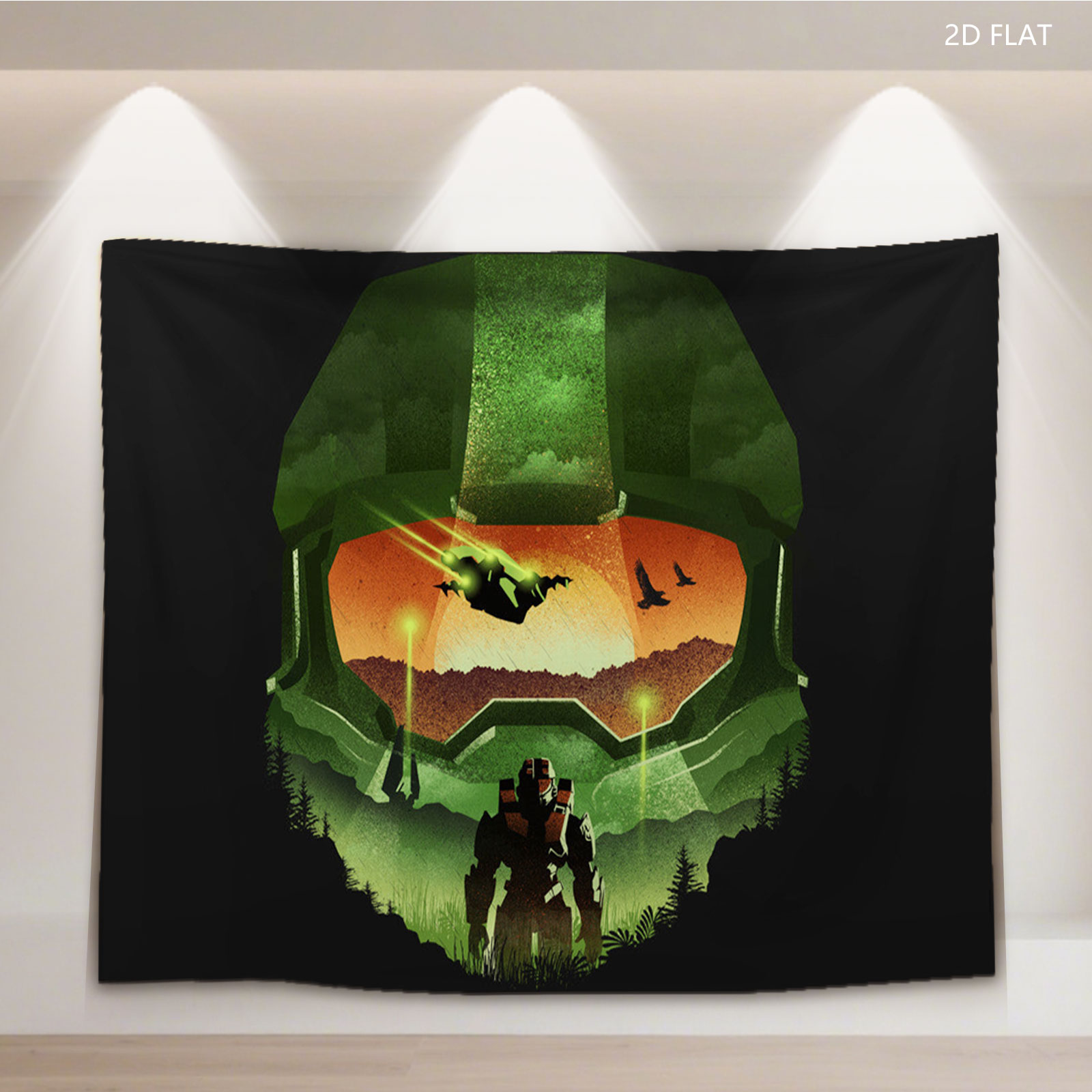 Master Chief Helmet View: Halo Soldier in Forest at Sunset - Tapestry
