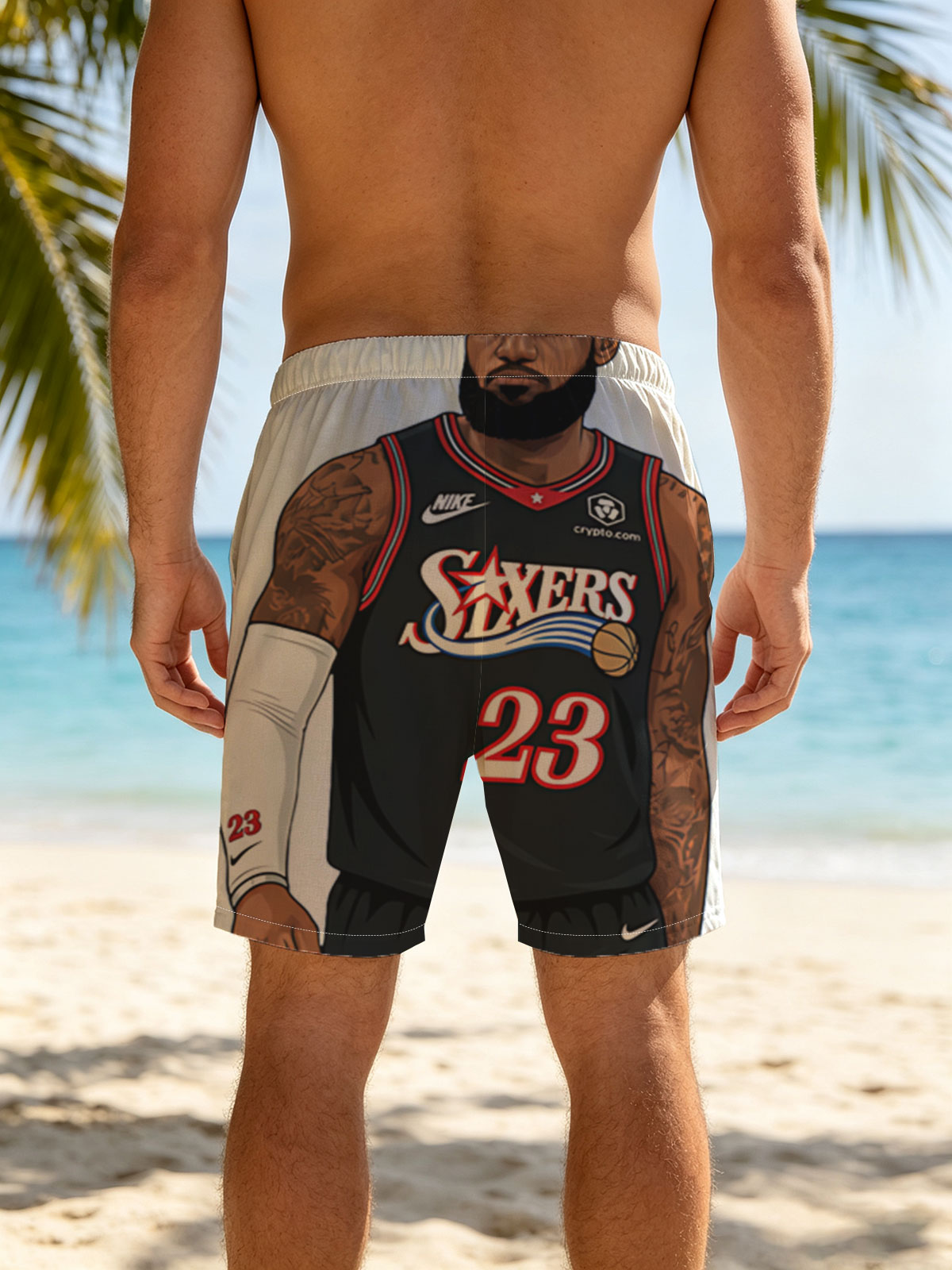 LeBron James in Philadelphia 76ers Jersey, #23, Nike Uniform, Crypto.com Sponsorship -  Beach shorts