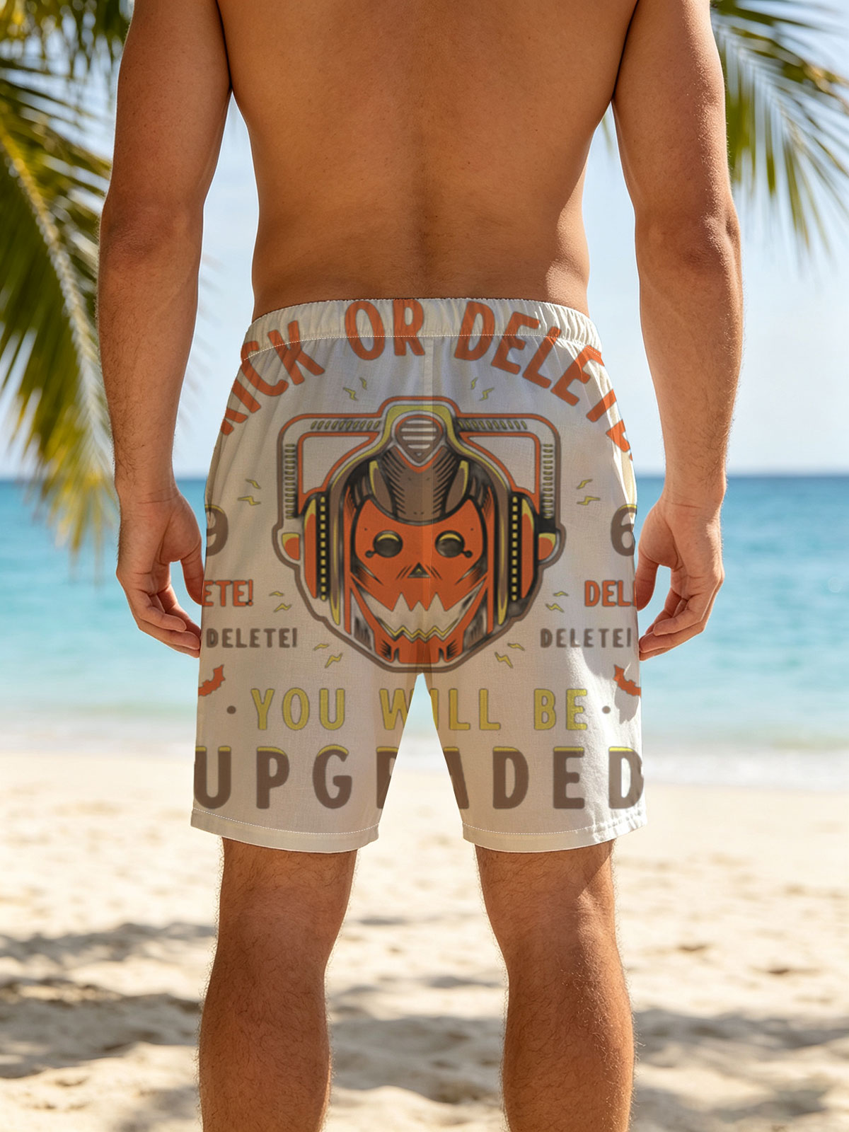 Trick or Delete: Halloween Cyberpunk Pumpkin with Helmet and Upgrade Threat -  Beach shorts