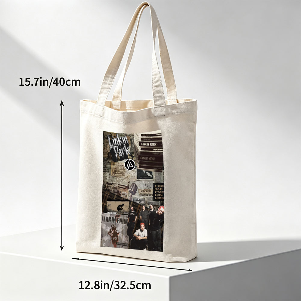 Linkin Park Band Collage Featuring Album Art, Members, and Vintage Newspaper Background - Canvas tote bags