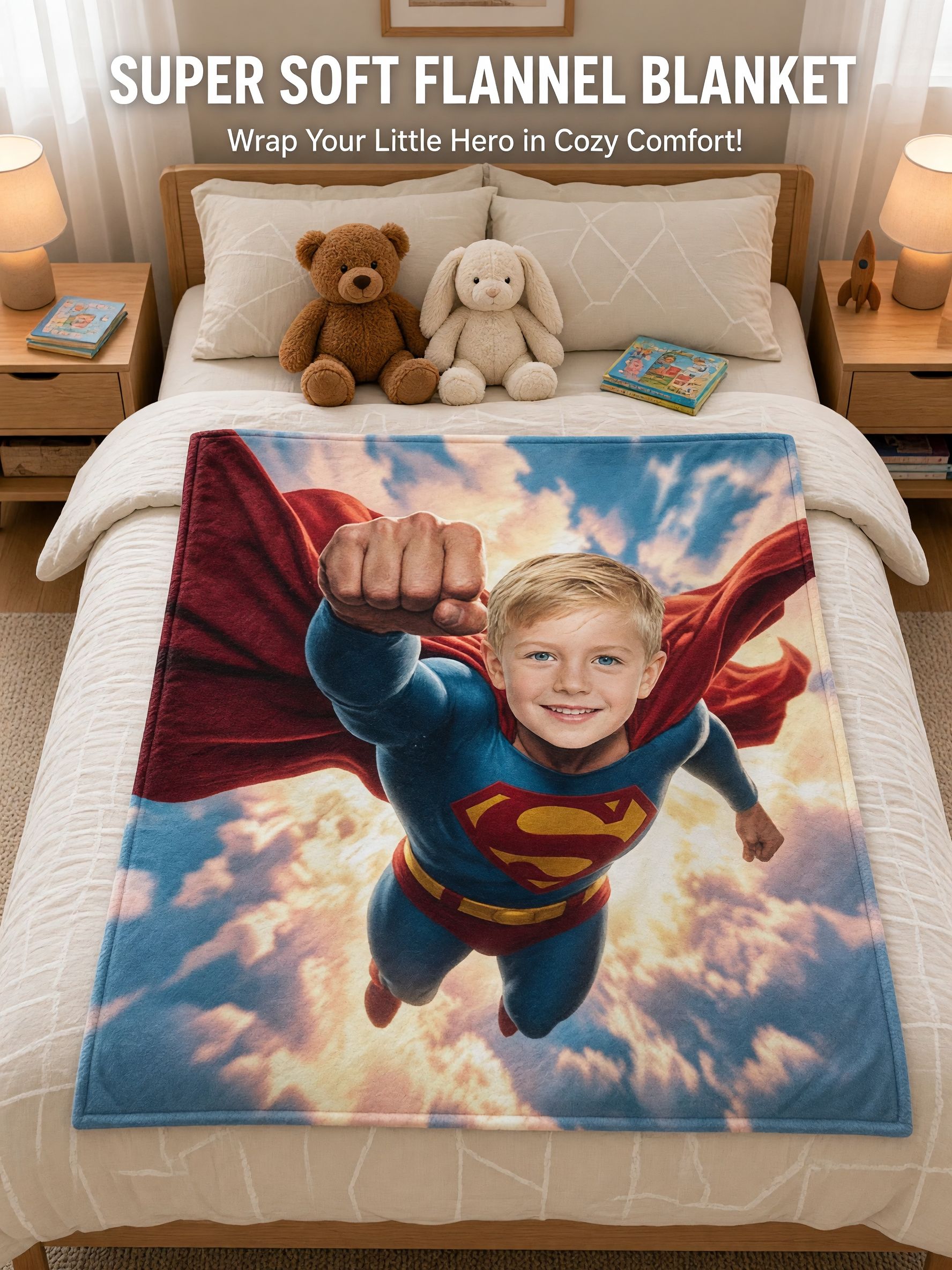 Personalized Superhero Photo Face Flannel Blanket Ultra Soft Cozy Fleece Throw Cover for Kids Boys Birthday Gift