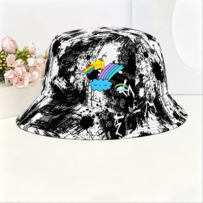 Unisex Classic Graffiti Bucket Hat with Rainbow Star and Cloud Print | Cute Sparkle Design for Outdoor Activities, Travel, and Casual Wear | Perfect for Teens, Young Adults, and Fashion Lovers