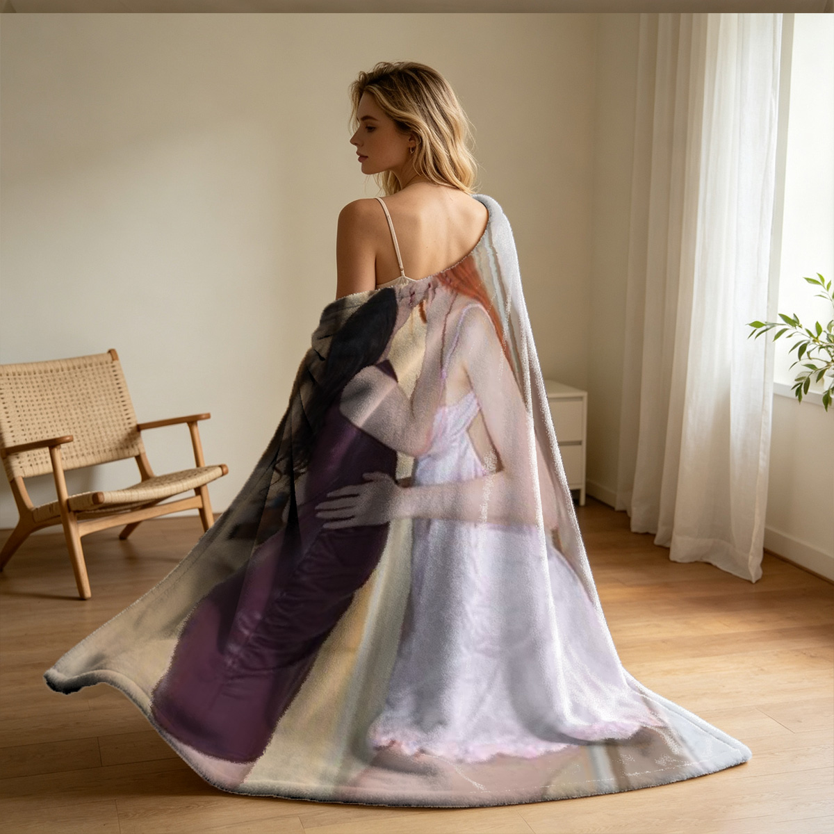 Blonde woman in beige BOBO lingerie drinking coffee in kitchen. - Blanket