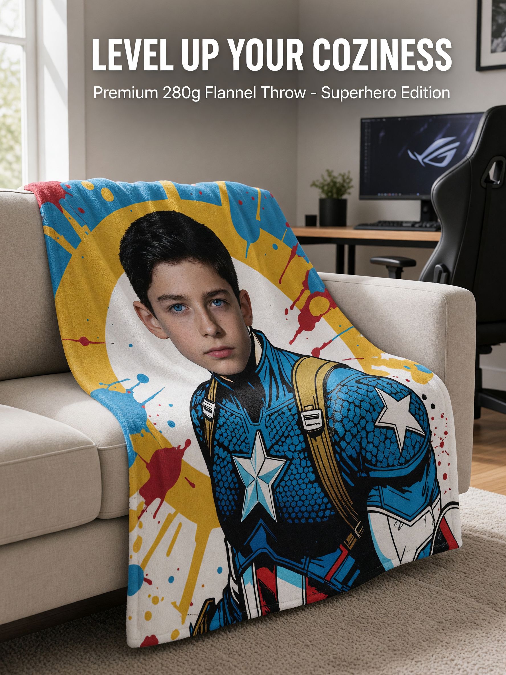 Custom Face Photo Blanket Personalized Superhero Flannel Throw, Ultra Soft Skin-Friendly Fleece Cozy Gift