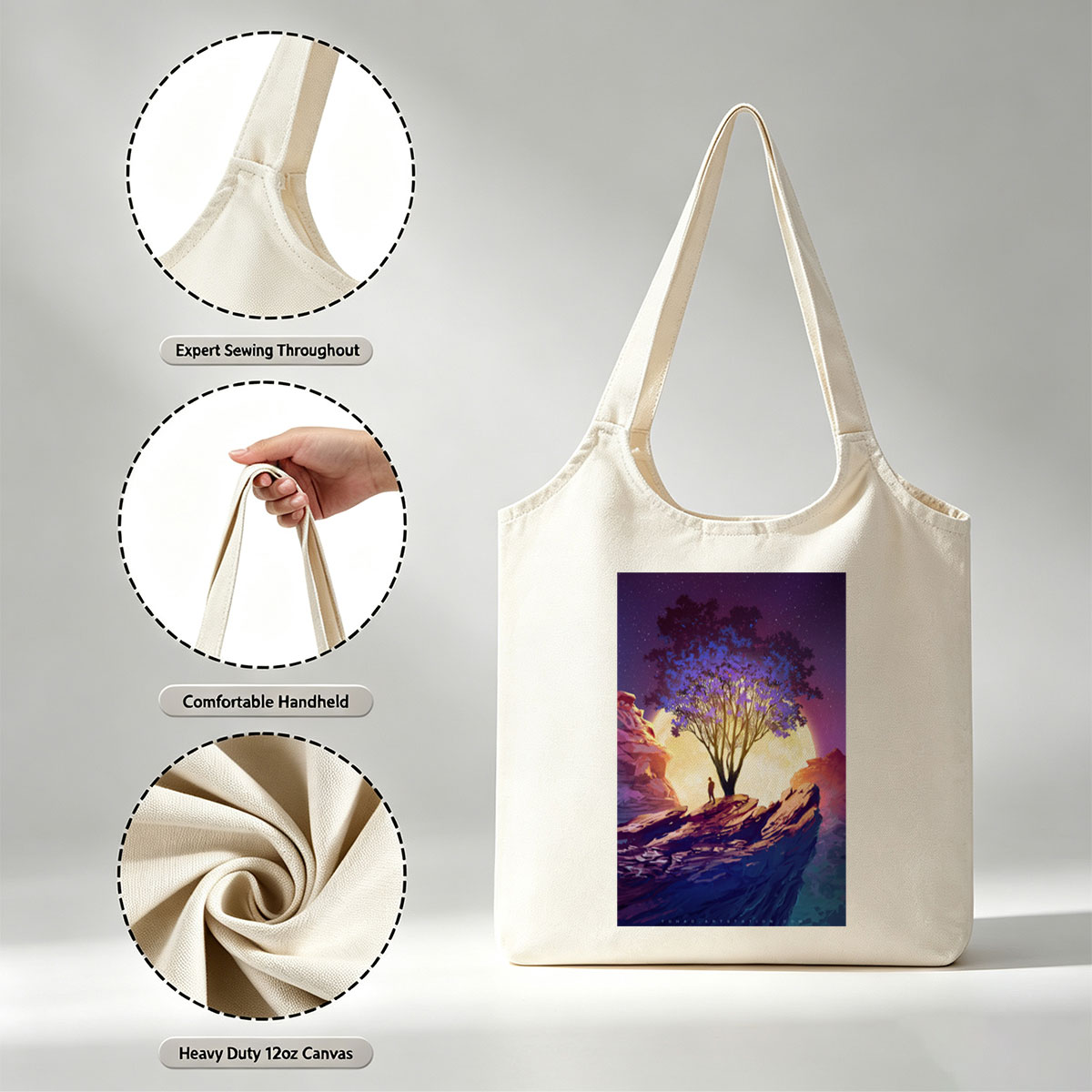 Imagine Dragons Dreamy Landscape with Purple Tree and Moonlit Sky - Canvas shoulder bags/