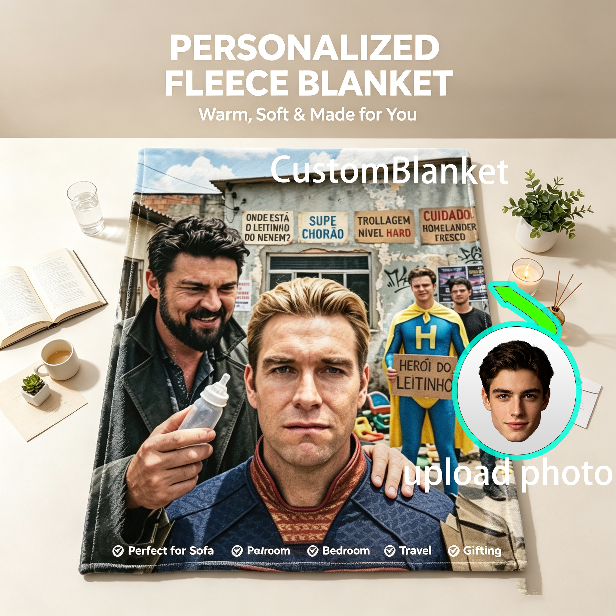 Custom Face Blanket The Boys Homelander and Soldier Boy Flannel Blanket Perfect for Fans of Superhero Parody TV Series Ideal Gift for Birthday or Holiday Giveaway