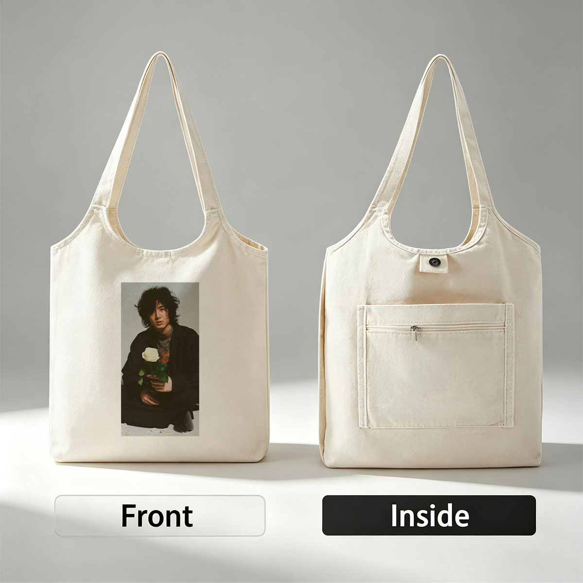 Yosuke Sugino Holding a White Rose in a Stylish Black Outfit with Petals Scattered Around - Canvas shoulder bags/