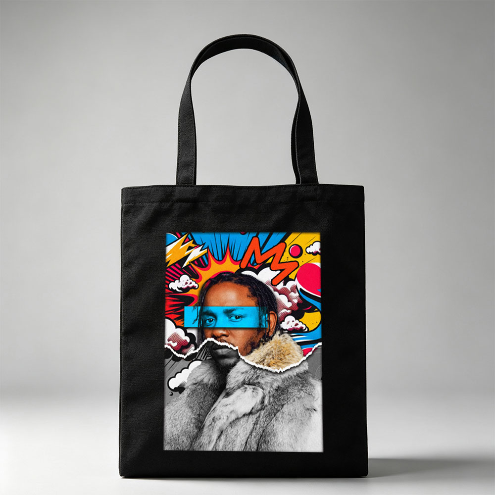 Kendrick Lamar in a Fur Coat with Comic-Style Background and Blue Eye Mask - Canvas tote bags