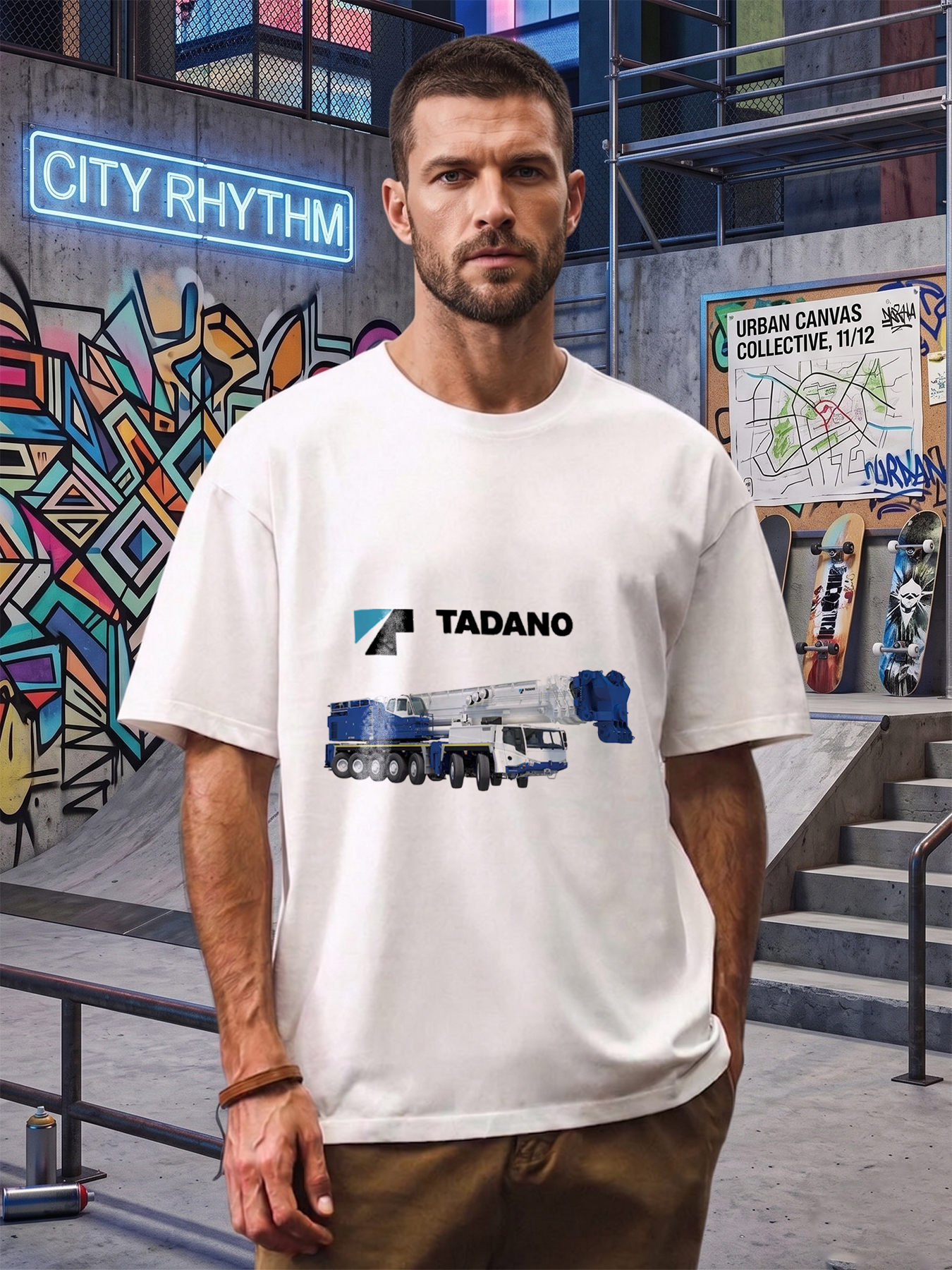 Men's Printed T-Shirt Featuring Tadano Crane Design and Logo - Casual Round Neck Lightweight Breathable Summer Short Sleeve Tee for Construction Enthusiasts, Heavy Equipment Lovers, and Outdoor Workers