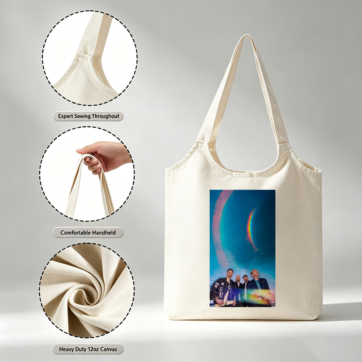 Coldplay in a Cosmic Scene with Rainbow Halo and Starry Sky Background - Canvas shoulder bags/