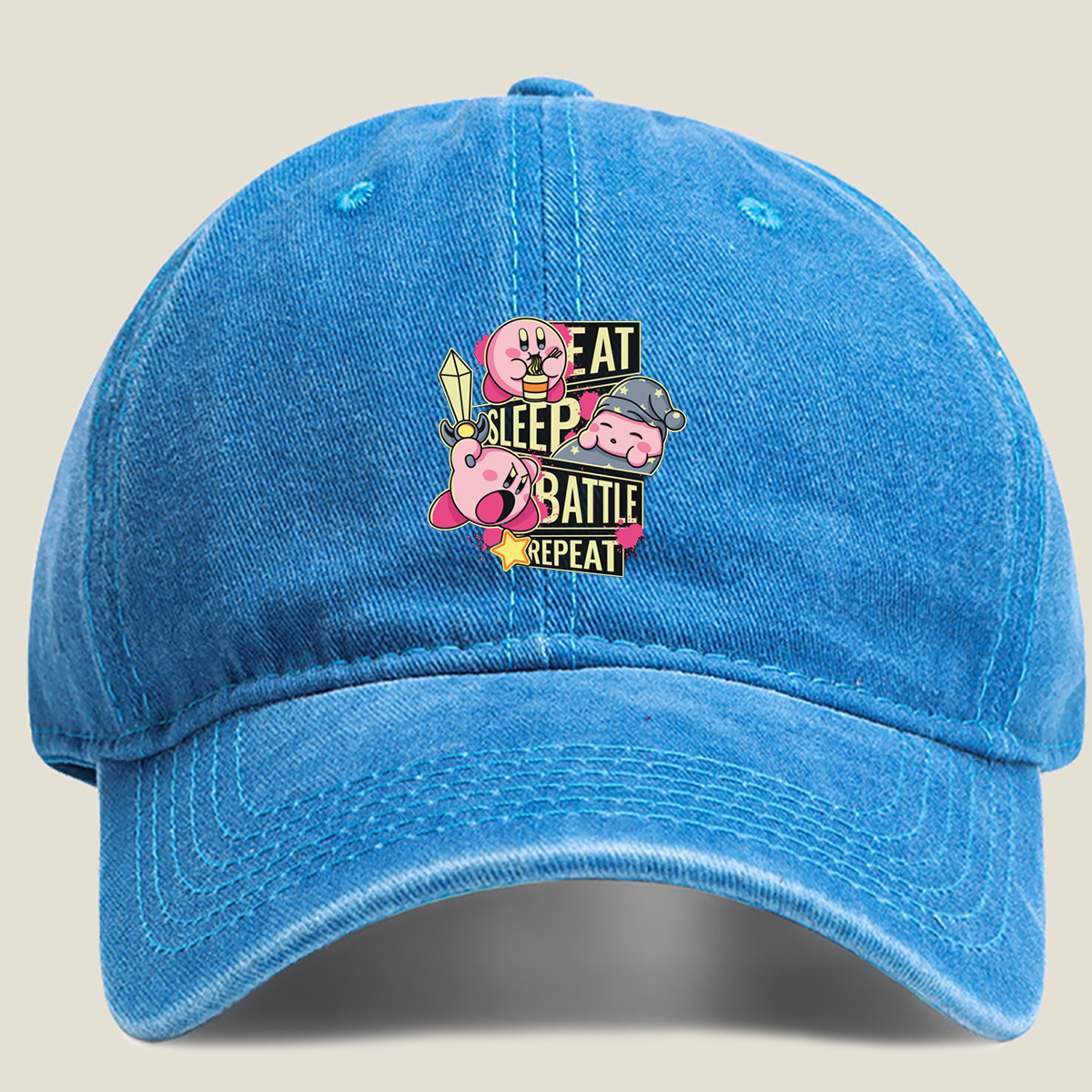 Kirby: Eat, Sleep, Battle, Repeat - Washed Denim - Baseball Cap