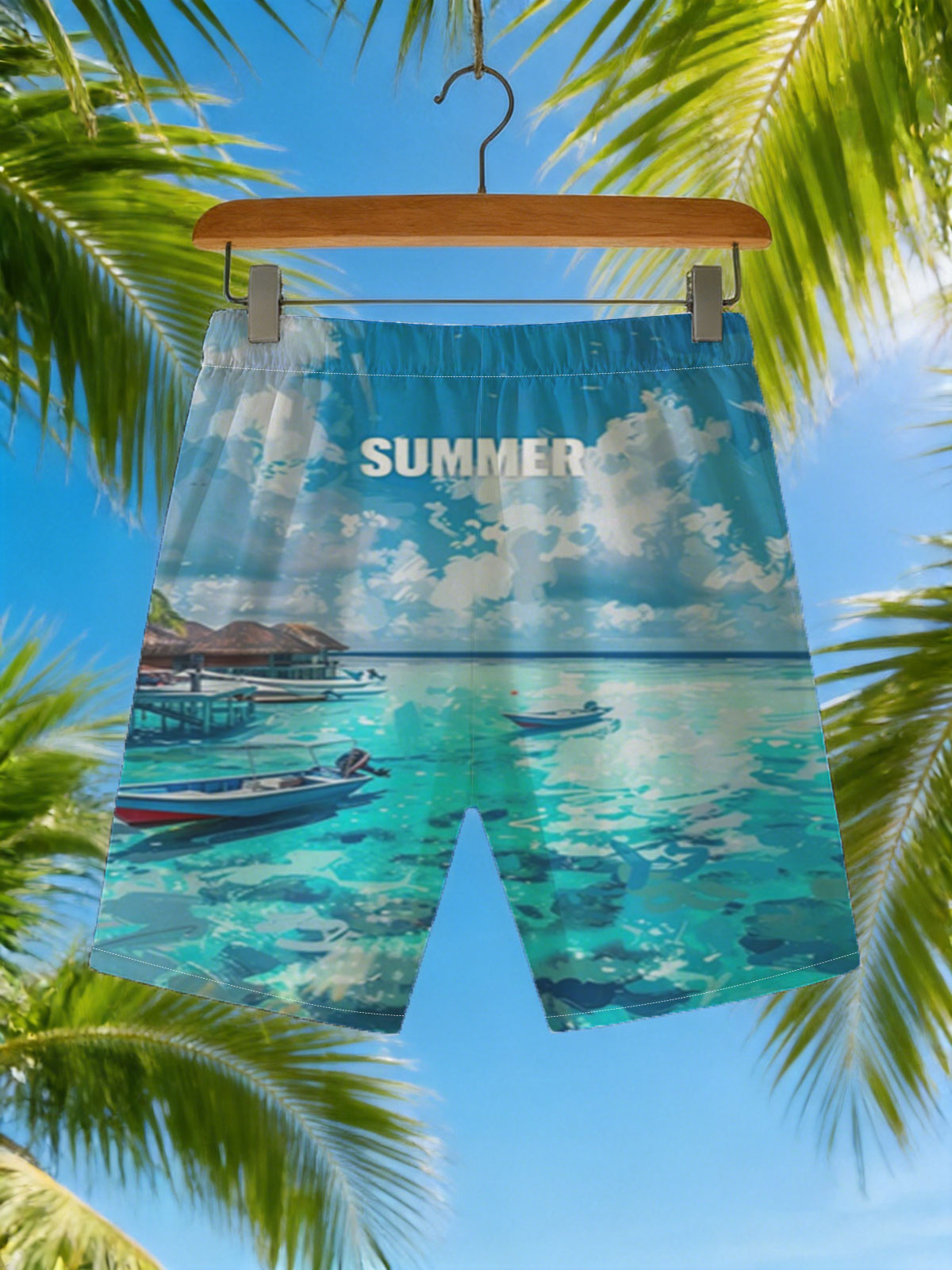 Crystal Clear Waters and Boats Under a Summer Sky -  Beach shorts