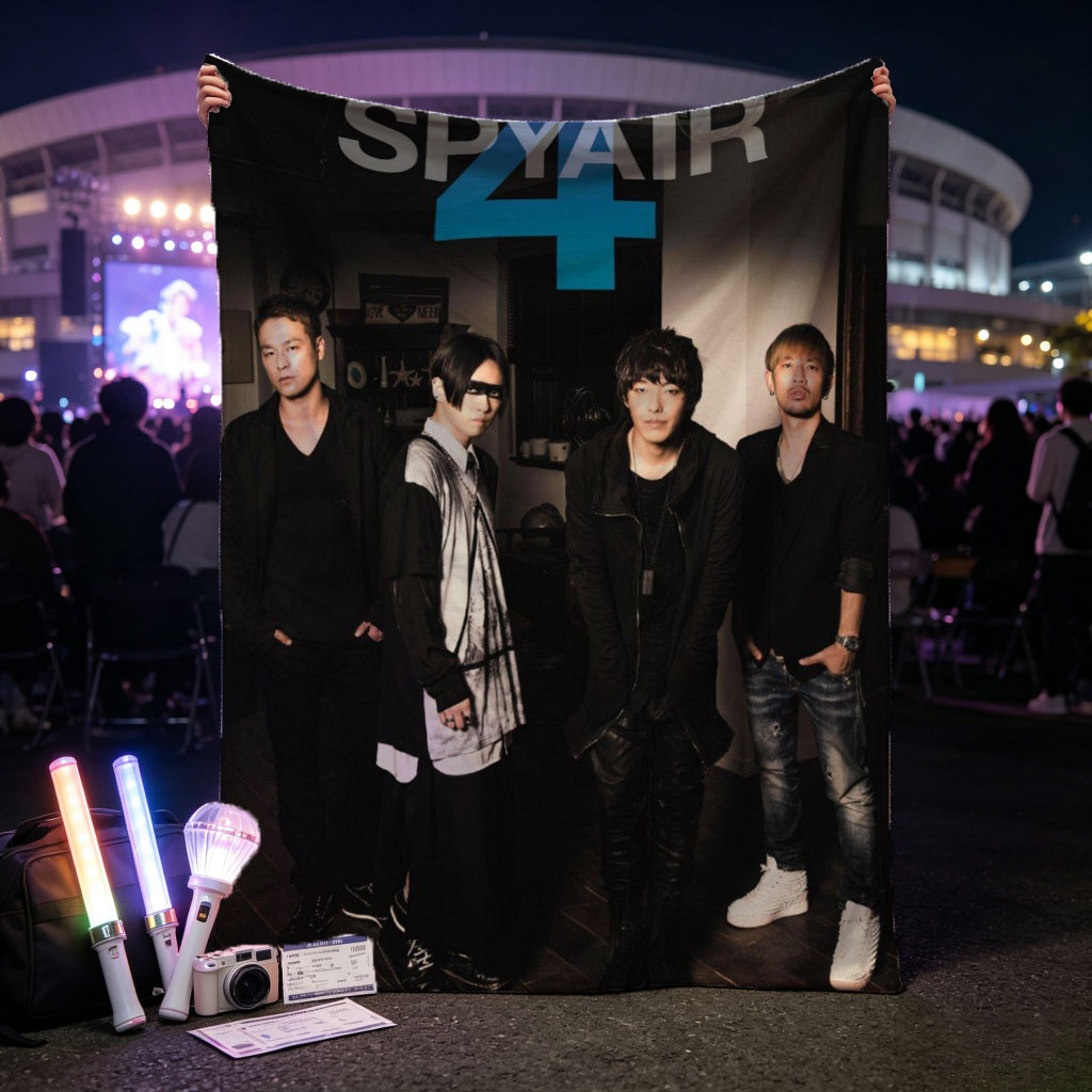 SPYAIR Band Members Standing in a Dimly Lit Room with Bold Number 4 and Band Name Overlay - Blankets