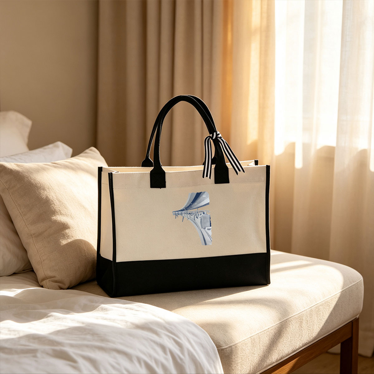 Futuristic Monorail Ride with Passengers in a Curved Track Design - Canvas patchwork gift tote bag
