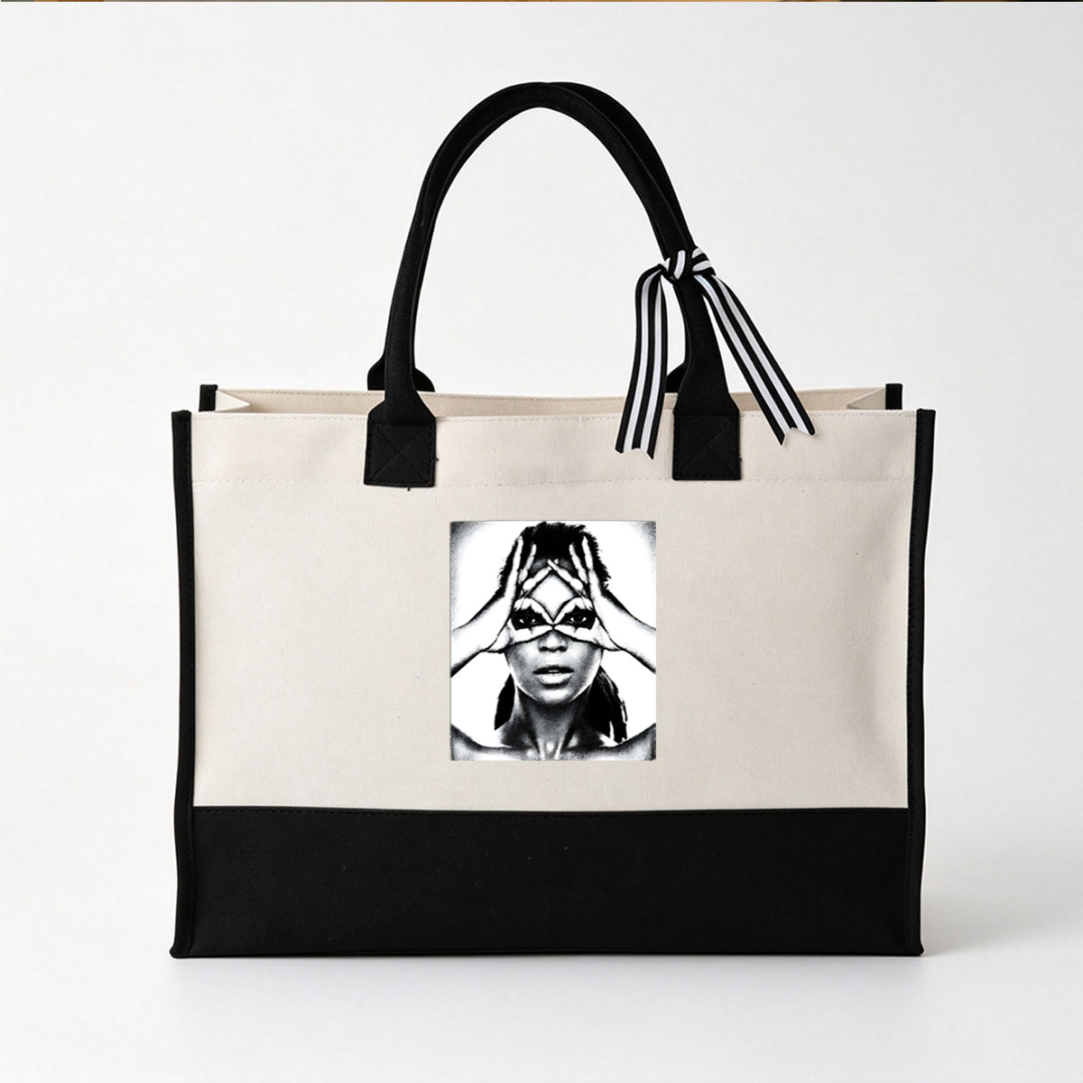 Woman with Hands Forming X Over Eyes in Black and White Portrait - Canvas patchwork gift tote bag