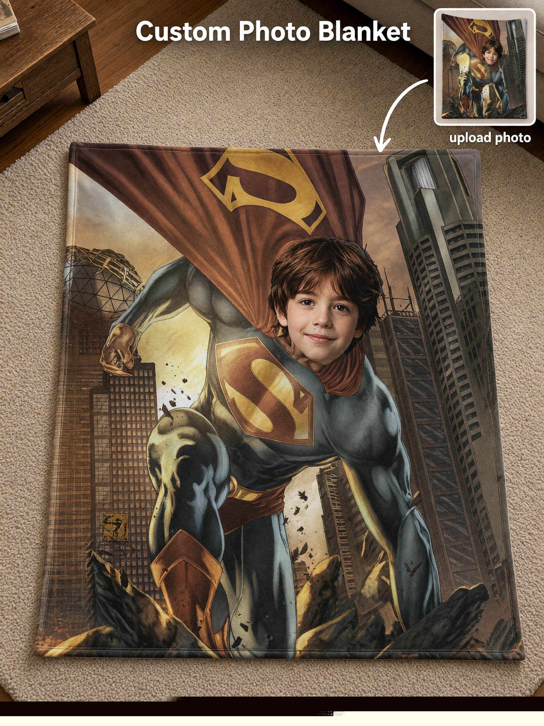 Custom Face Superhero Flannel Blanket, Personalized Photo Throw for Kids and Comic Fans, Cozy Keepsake Gift