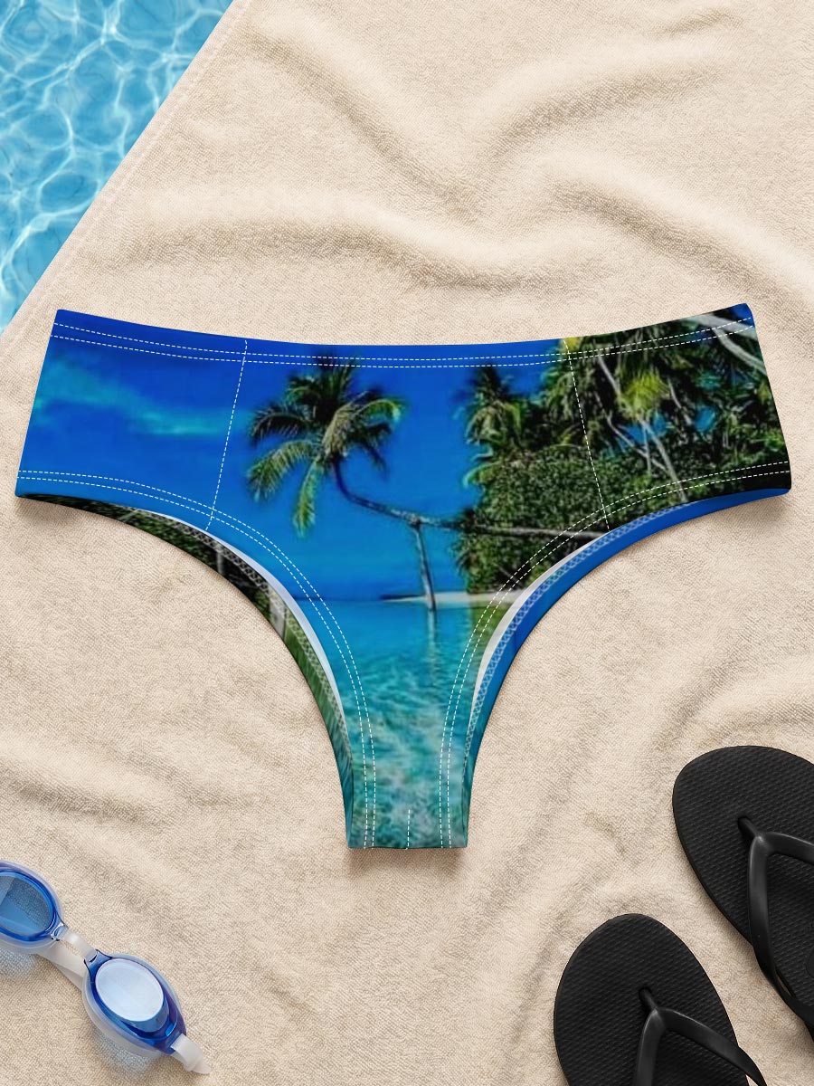 Crystal clear waters and swaying palms on a tropical paradise island under a vibrant blue sky. -  Men's swim trunks
