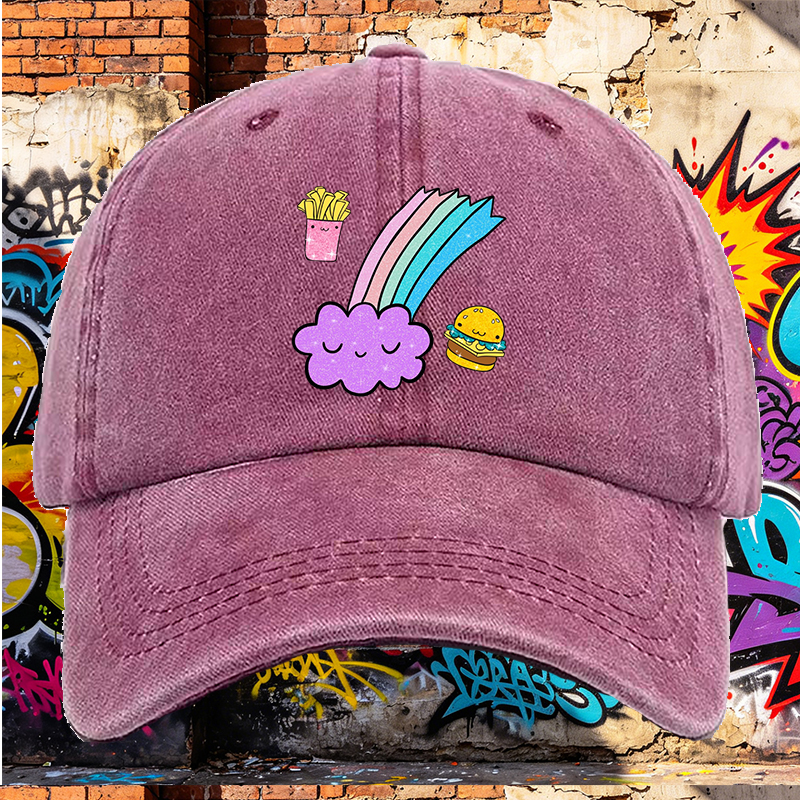 Men's Printed Washed Cap with Cute Rainbow Cloud, Fries and Burger Design - Casual Round Brim Summer Lightweight Hat for Outdoor Activities, Travel, and Daily Wear - Ideal for Young Adults and Trendy Urban Style Lovers