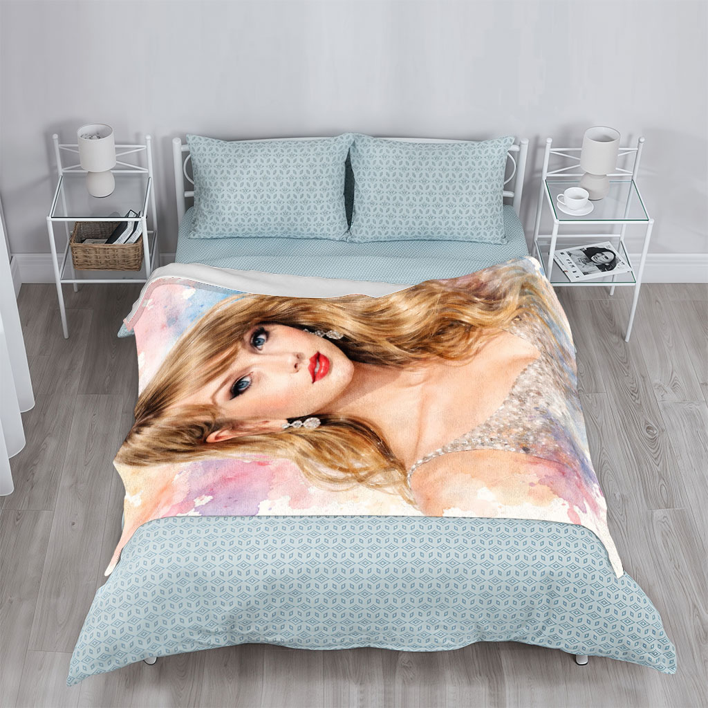 Taylor Swift Portrait in Sparkling Gown with Watercolor Background - Blankets