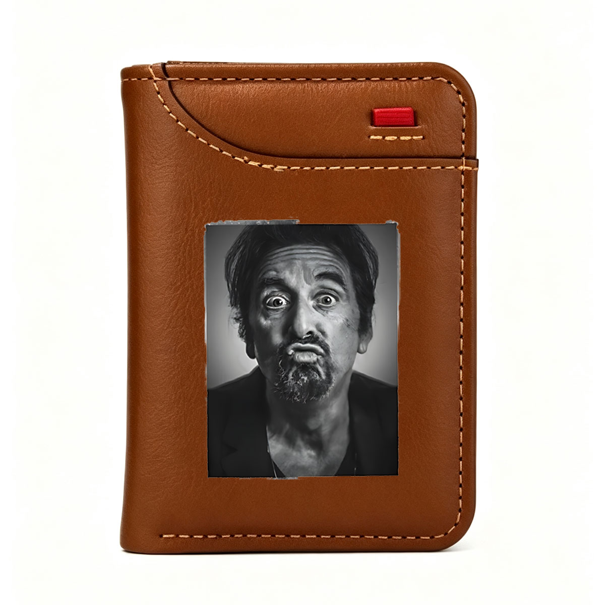 Al Pacino in a dramatic black-and-white portrait, expressing intense emotion with wide eyes and a furrowed brow. - Vertical Style Wallet