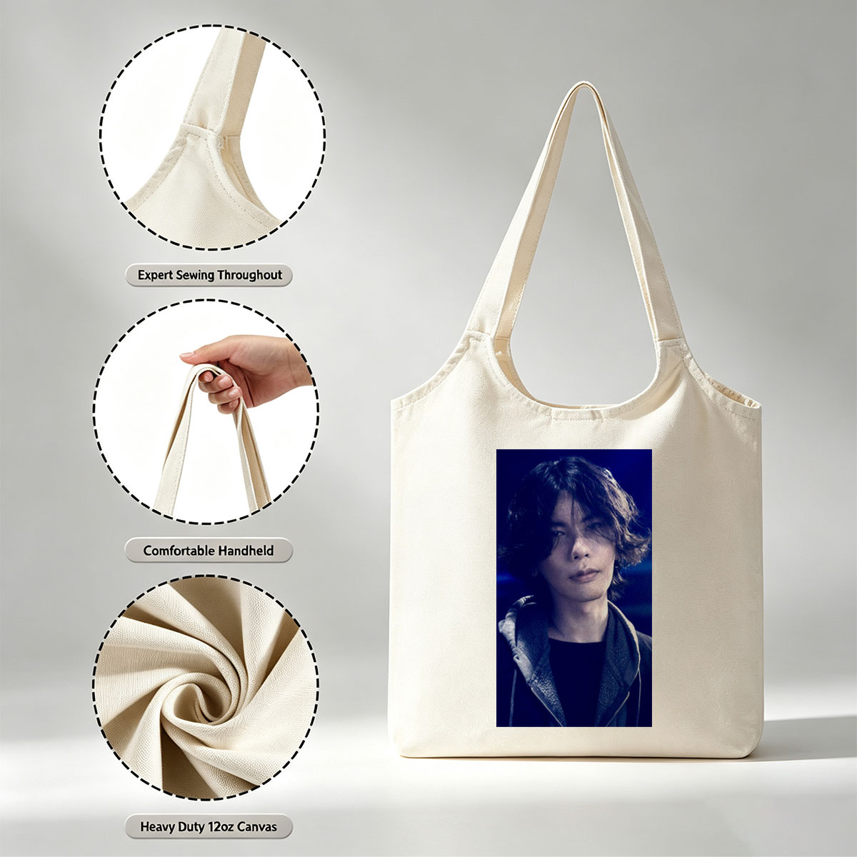 Yosuke Nagai in a dramatic scene with intense blue lighting and a stylish jacket - Canvas shoulder bags/