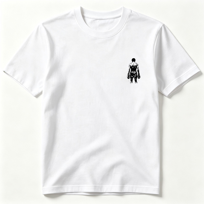 Silhouette of a muscular figure with abstract white patterns on the back, wearing gloves and pants, set against a black background. - Tee