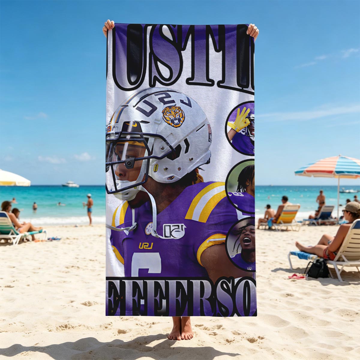 Justin Jefferson LSU Football Player Highlight Collage - Beach towels