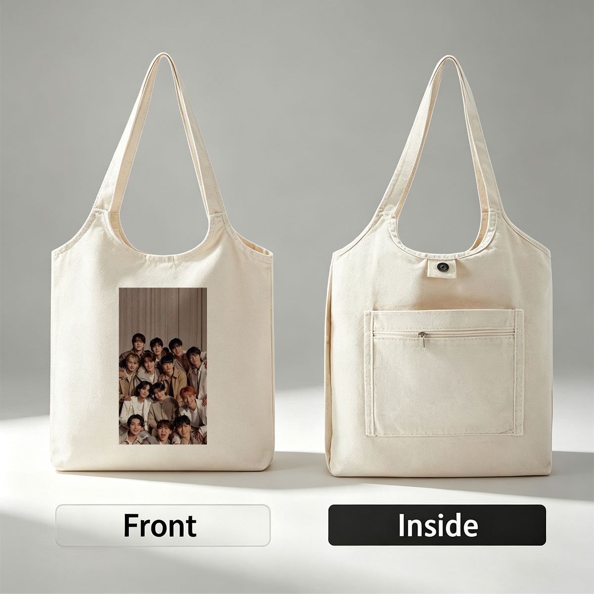 SEVENTEEN Group Photo in Coordinated Beige Outfits Posing Together for a Warm and Stylish Portrait - Canvas shoulder bags/