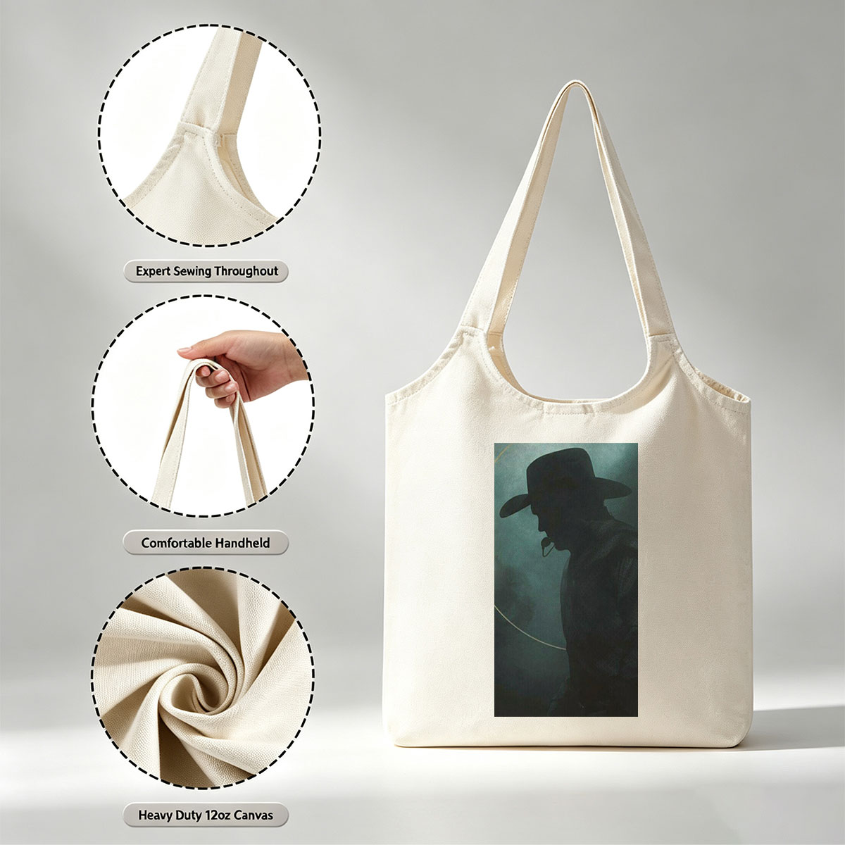 Johnny Cash in the Mist – Silhouette of a Cowboy with Hat and Pipe Against a Foggy Background - Canvas shoulder bags/
