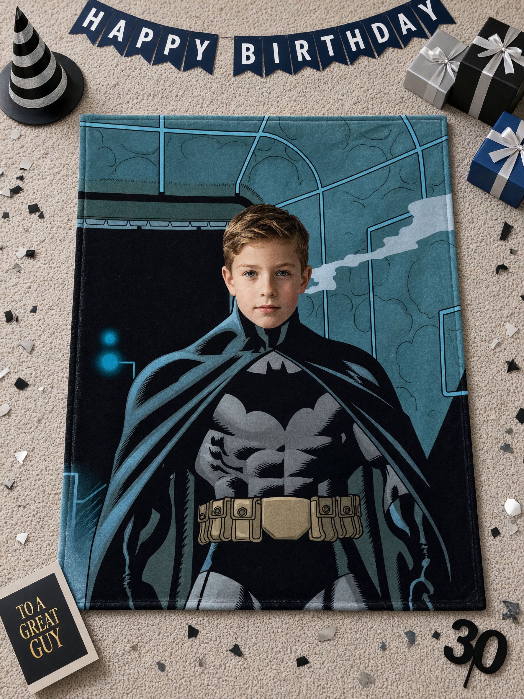 Custom Photo Face Flannel Blanket with Comic Superhero Design Soft Cozy Personalized Avatar Throw Gift for Boys and