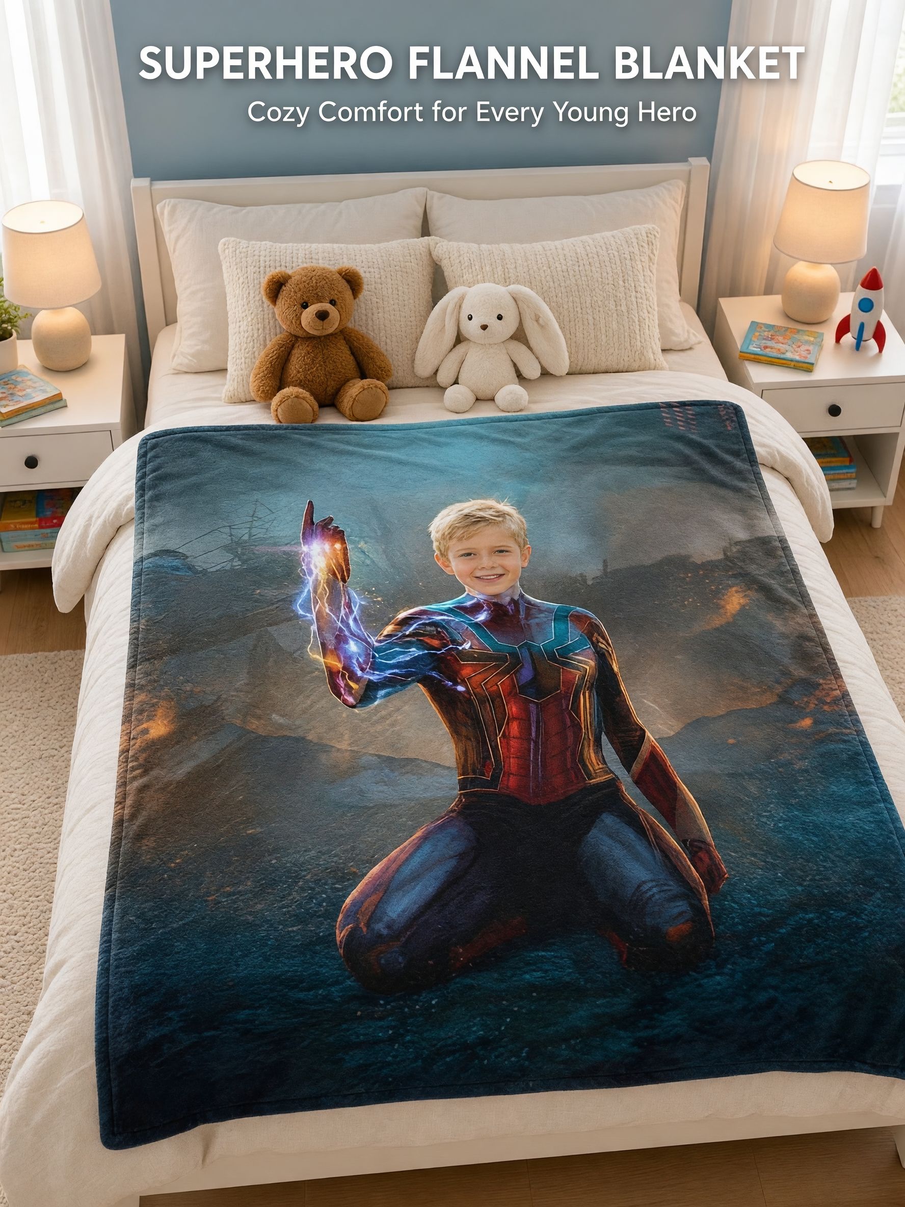 Custom Face Superhero Photo Blanket Ultra Soft Anti Pilling Flannel Throw Ideal Personalized Gift for Kids and Family